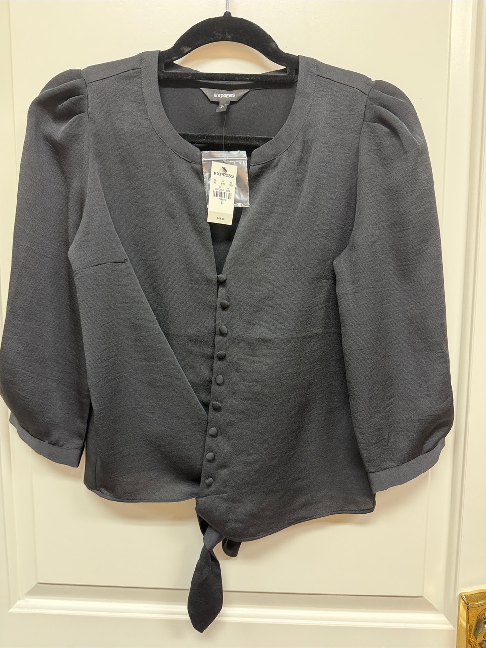 Express Black Button-Front Puff Sleeve Tie-Hem Blouse